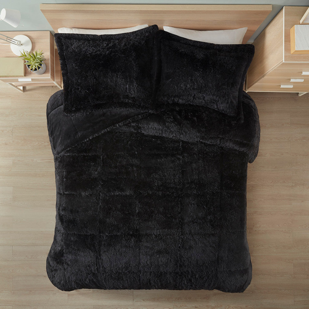 Intelligent Design Malea Shaggy Long Fur Comforter Mini Set, Black