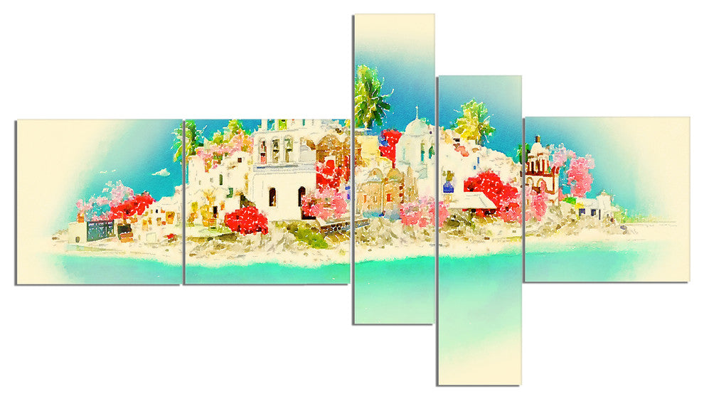Santorini Panoramic View, Cityscape Watercolor Canvas Print, 60"x32", 5 panels