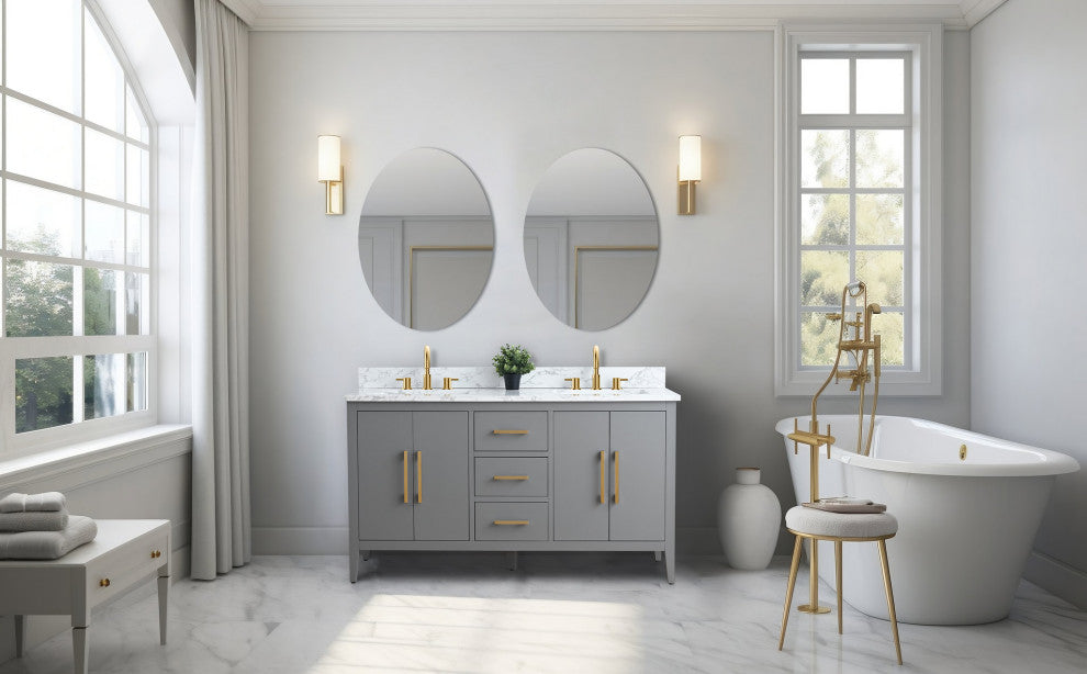 Vanity Art Bathroom Vanity With Sink, Cashmere Gray, 60", Double Sink, Golden Brushed