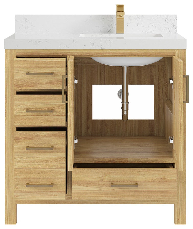 Malibu Teak 36" Right Offset Bath Vanity in Light Natural 2" Empira Quartz