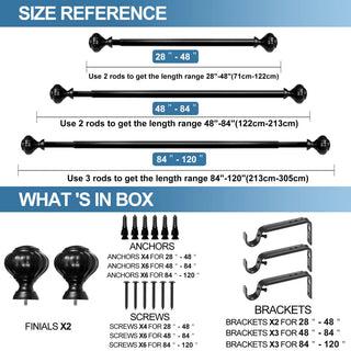 1" Doorknob Drapery Curtain Rod, Black, 84"-120"