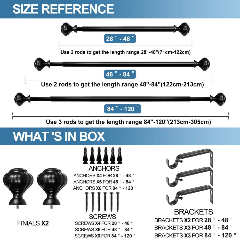 1" Doorknob Drapery Curtain Rod, Black, 84"-120"
