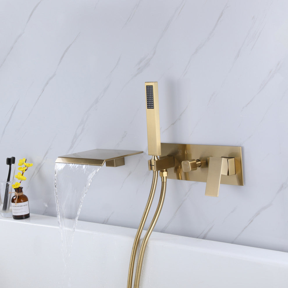Wall Mounted Pressure Balanced Roman Tub Faucet with Hand Shower, Brushed Gold