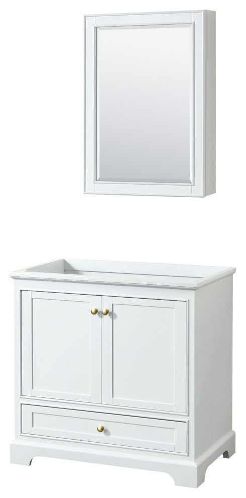 36" Single Bathroom Vanity, White, No Countertop, Gold Trim, Medicine Cabinet