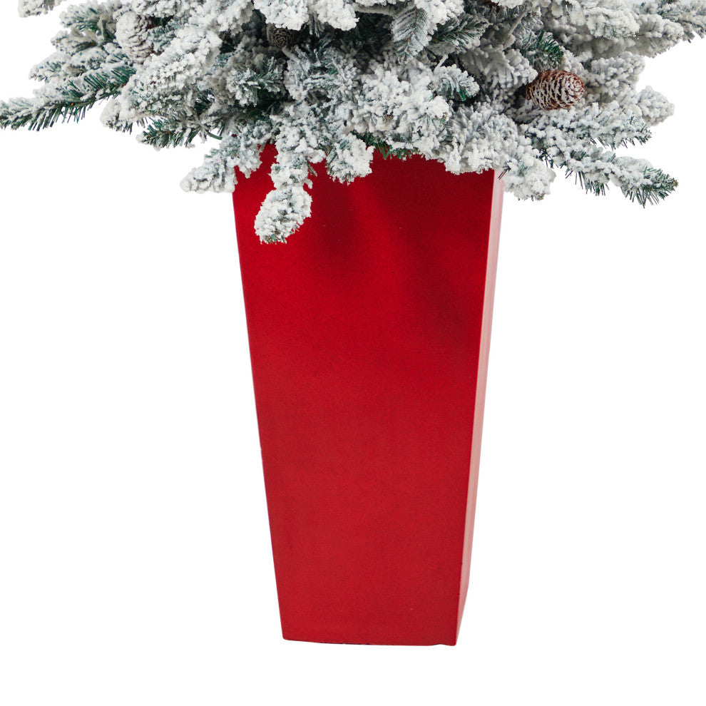 4.5' Flocked Livingston Fir Faux Xmas Tree W/Pinecones & Lights, Tall Planter