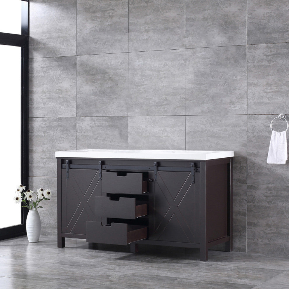 Marsyas 60" Brown Double Vintage Bathroom Vanity Cabinet Quartz Top Square Sinks