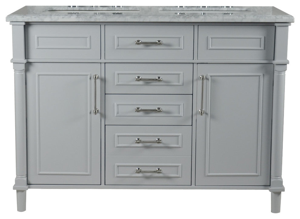 48" Double Vanity, Light Gray With White Carrara Marble Top