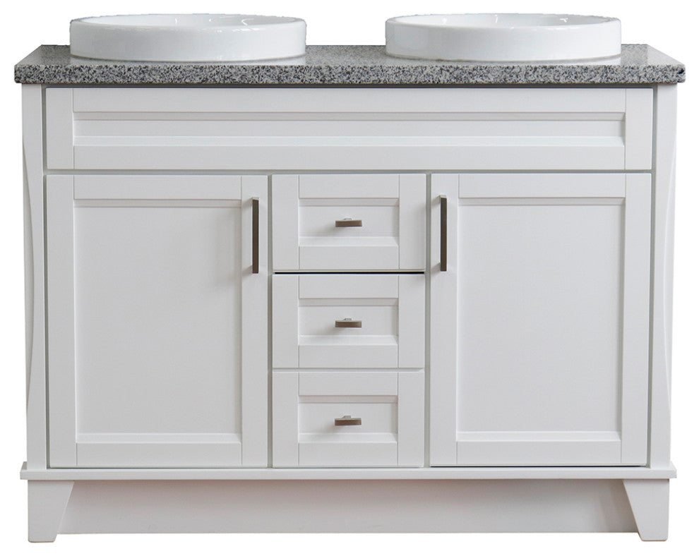 48" Double Sink Vanity, White Finish With Gray Granite And Round Sink