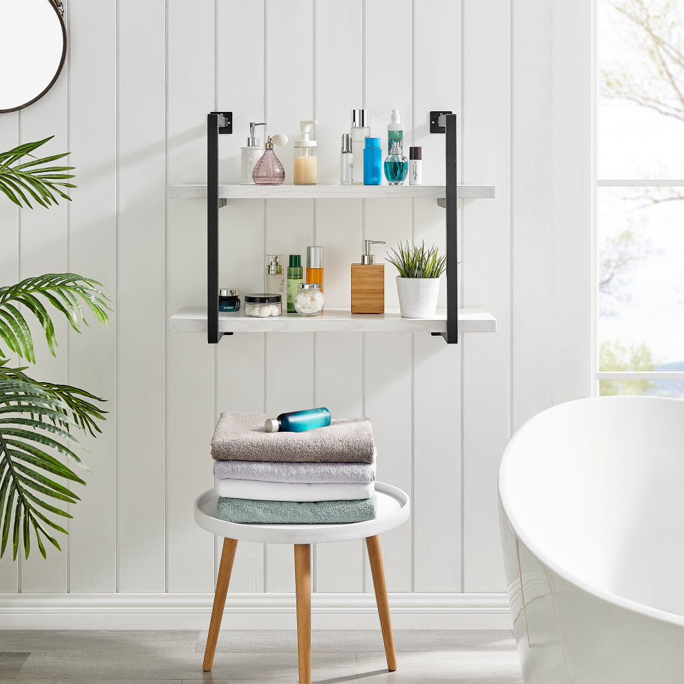 Danya B. Modern 2-Tier Hanging Wall Shelves, Metal and White Birch Finish