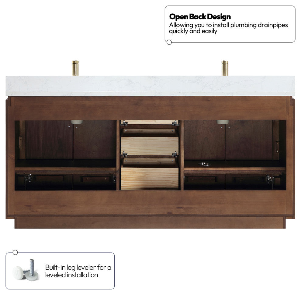 San Bath Vanity with Stone Top, Natural Walnut, 72", Double Vanity, No Mirror