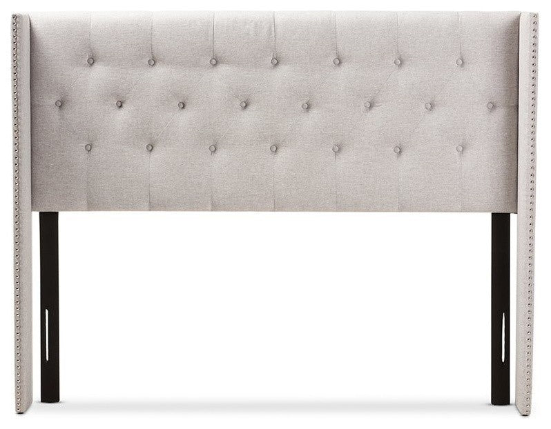 Ally Grayish Beige Fabric Button-Tufted Nail head King Size Winged Headboard