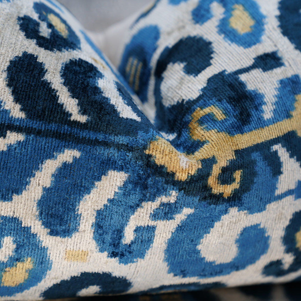 Canvello Handmade Gold Blue Velvet Throw Pillow Down Filled 16x24 in