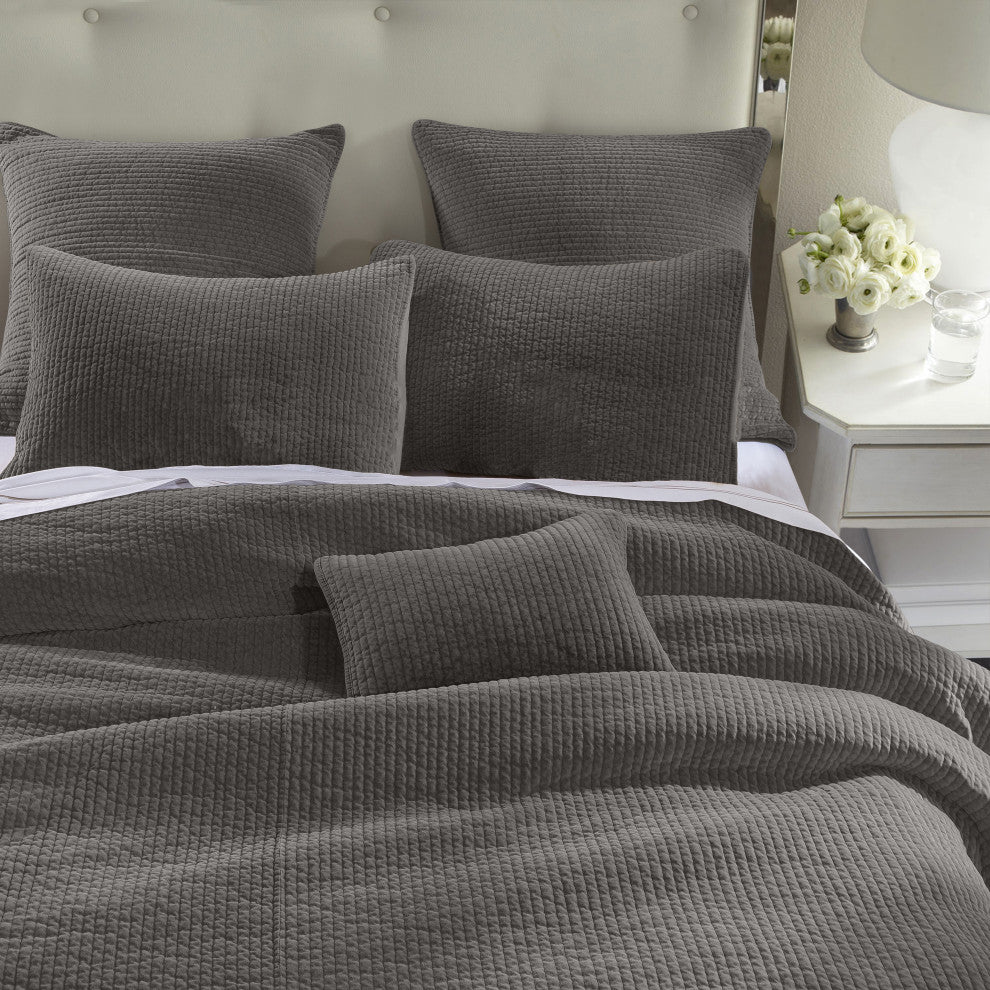 Stonewashed Cotton Velvet Quilt Set, Full/Queen, Gray, 3 Piece