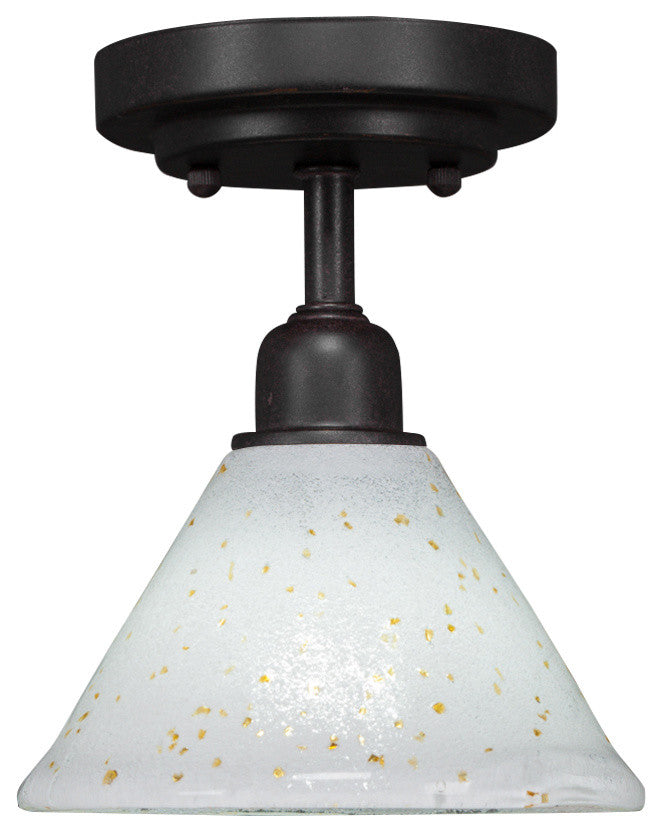 Vintage 1 Bulb Semi-Flush In Dark Granite, 7" Gold Ice Glass