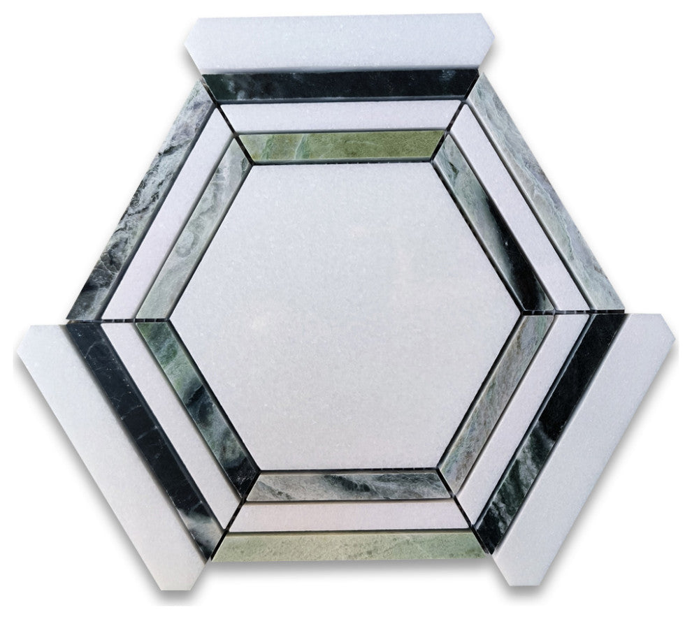 Thassos White Marble Hexagon Georama Mosaic Tile Sagano Vibrant Green, 1 sheet
