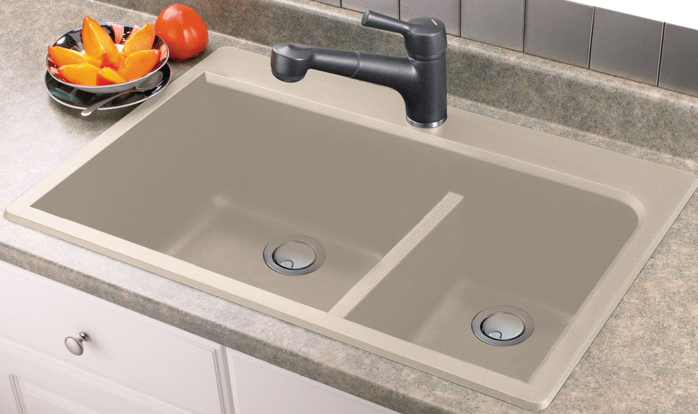 Radius 33" silQ Granite Double Bowl Kitchen Sink with 1 Hole in afe Latte