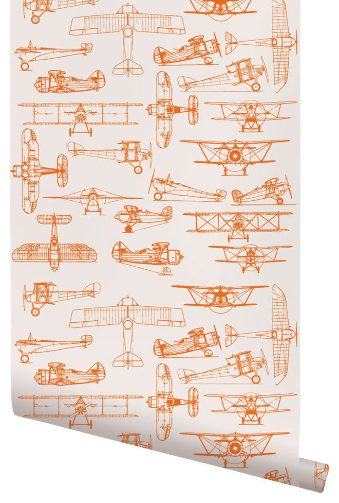 Airplanes Peel and Stick Vinyl Wallpaper, Orange Blossom, 24"w X 60"h