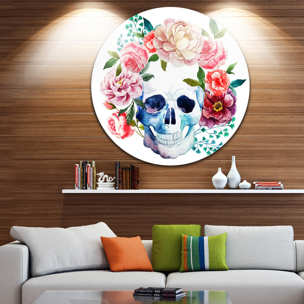 Skull Bouquet Vector Art, Contemporary Round Metal Wall Art, 11"