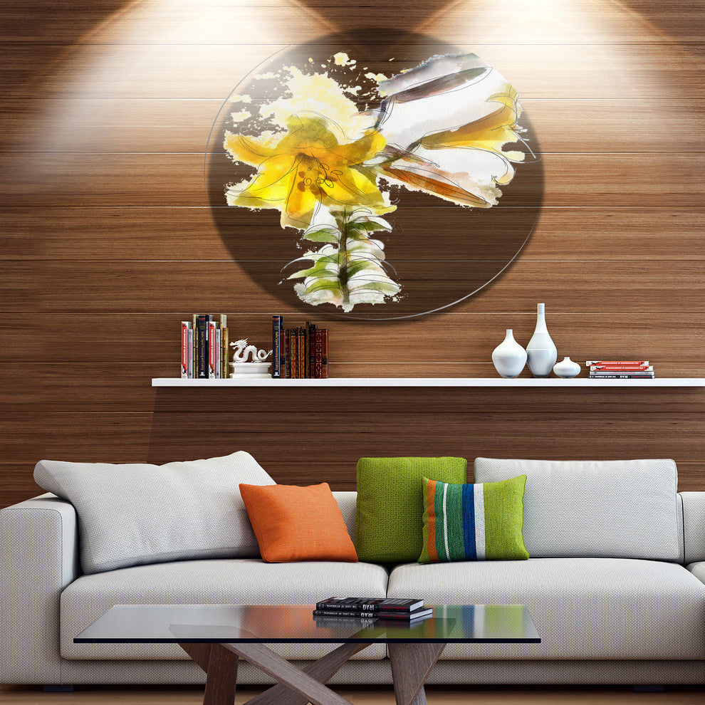 Yellow Tulip Stem With Leaves, Floral Round Metal Wall Art, 36"