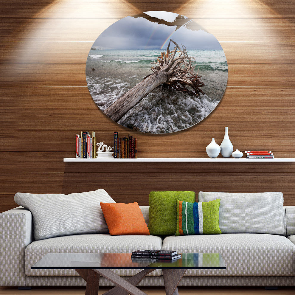 Fallen Tree In Storm At Seashore, Seashore Disc Metal Wall Art, 23"