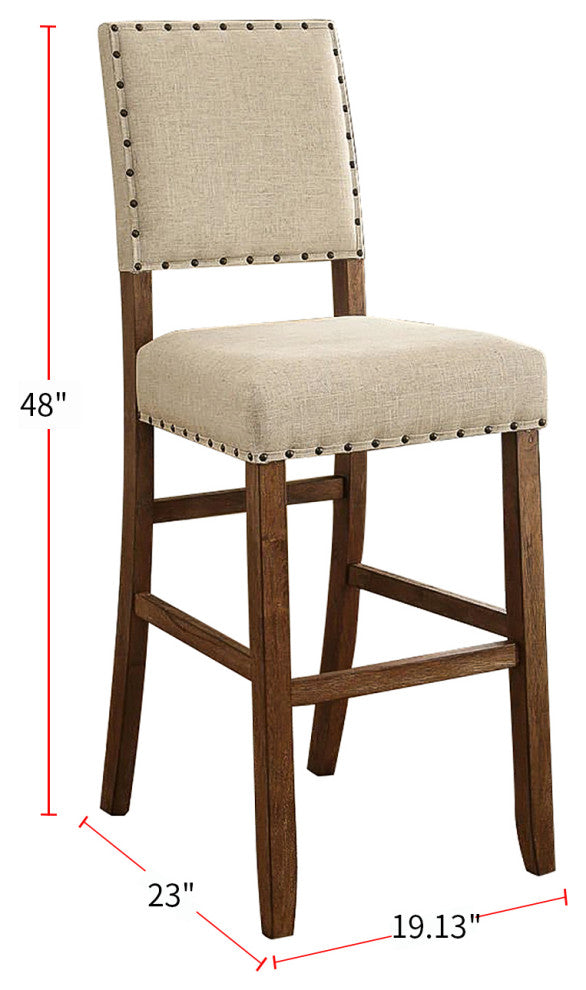 Set of 2 Fabric Upholstered Bar Chair, Beige and Rustic Oak