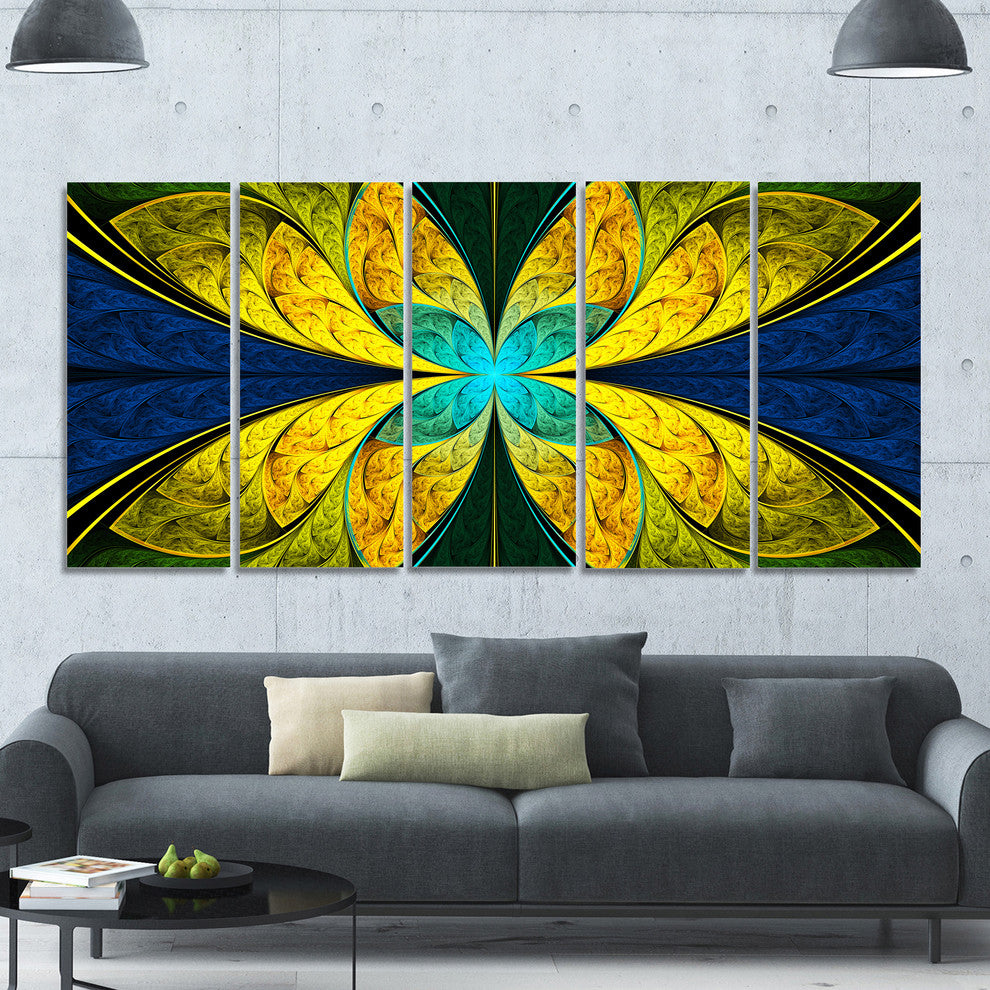 Bright Yellow Blue Fractal Flower, Floral Canvas Art Print, 60"x28", 5 Panels