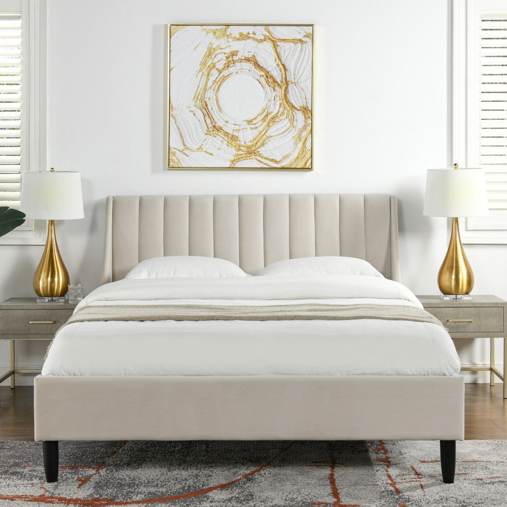 Aspen Modern Vertical Tufted Upholstered Platform Bed, French Beige Performance Velvet, Queen