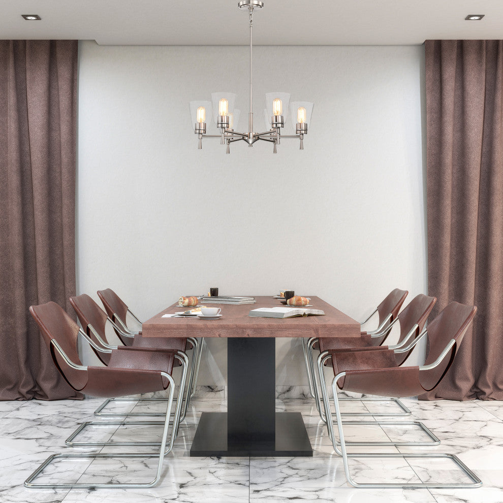 6-Light Brushed Nickel Modern Chandelier With Clear Cone Glass Shades