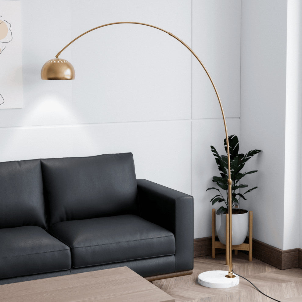 Leisuremod Arco Floor Lamp With White Marble Base and Metal Lamp Shade, Gold