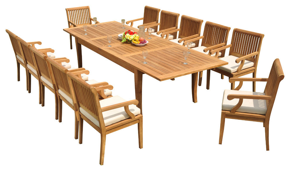 13-Piece Patio Teak Dining Set: 122" X-Large Rectangle Table, 12 Sack Arm Chairs