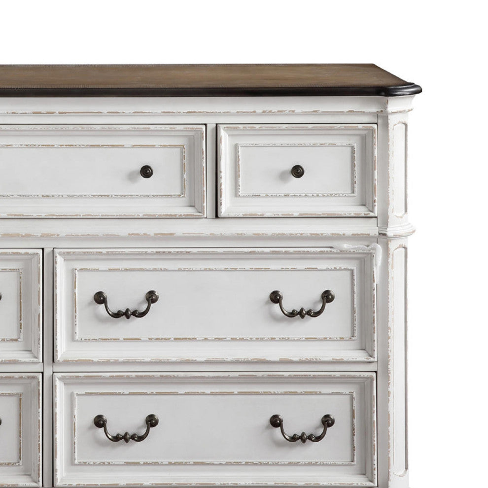 Benzara BM275080 64" Solid Wood Dresser, 7 Drawers, Felt Lined, Antique White