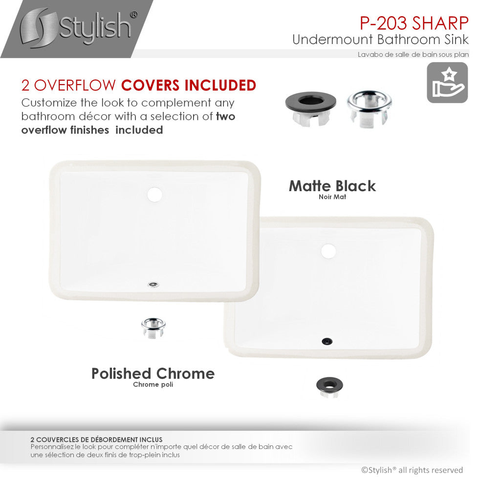STYLISH 21" Rectangular Undermount Ceramic Bathroom Sink, 2 Overflow Finishes