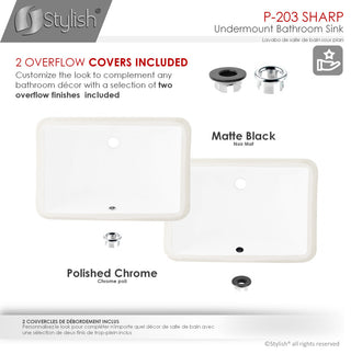 STYLISH 21" Rectangular Undermount Ceramic Bathroom Sink, 2 Overflow Finishes