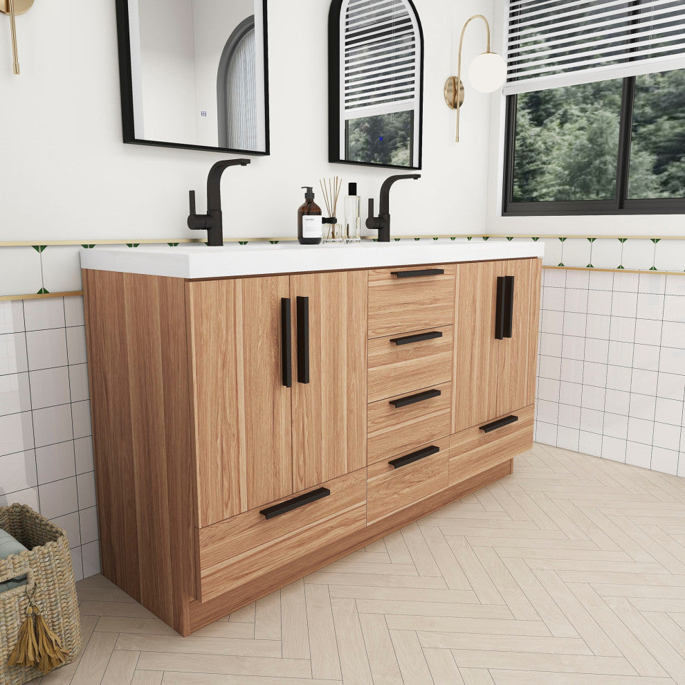 Carla 60" Freestanding Bathroom Vanity With Double Sink, White Oak