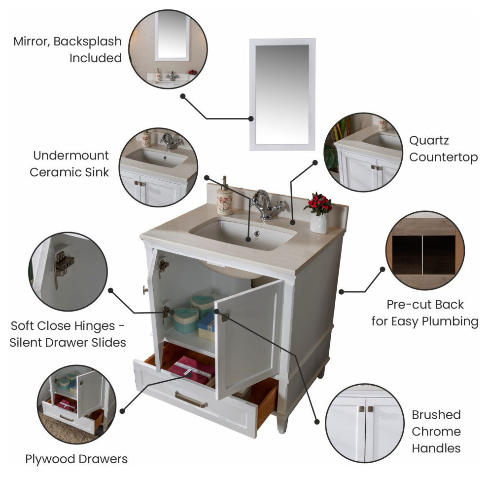 Nera Collection 30" Bath Vanity Quartz Top and Ceramic Sink, White, 30"