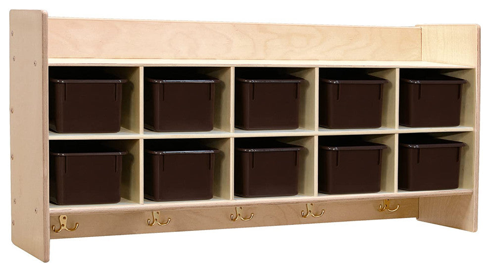 10 Section Wood Cubbies Storage, Brown Bins, Wall Hanging Organizers