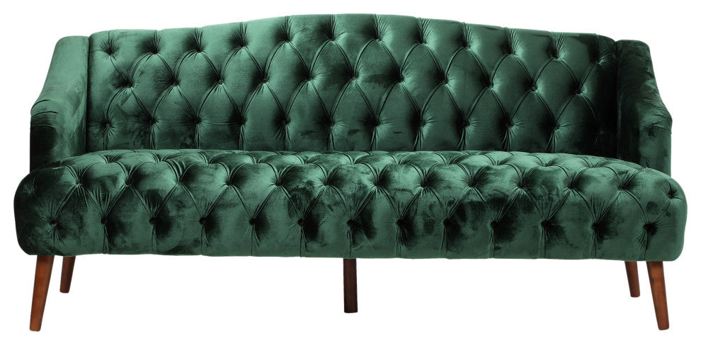 Esther Modern Glam Tufted Velvet 3 Seater Sofa, Emerald, Walnut Finish
