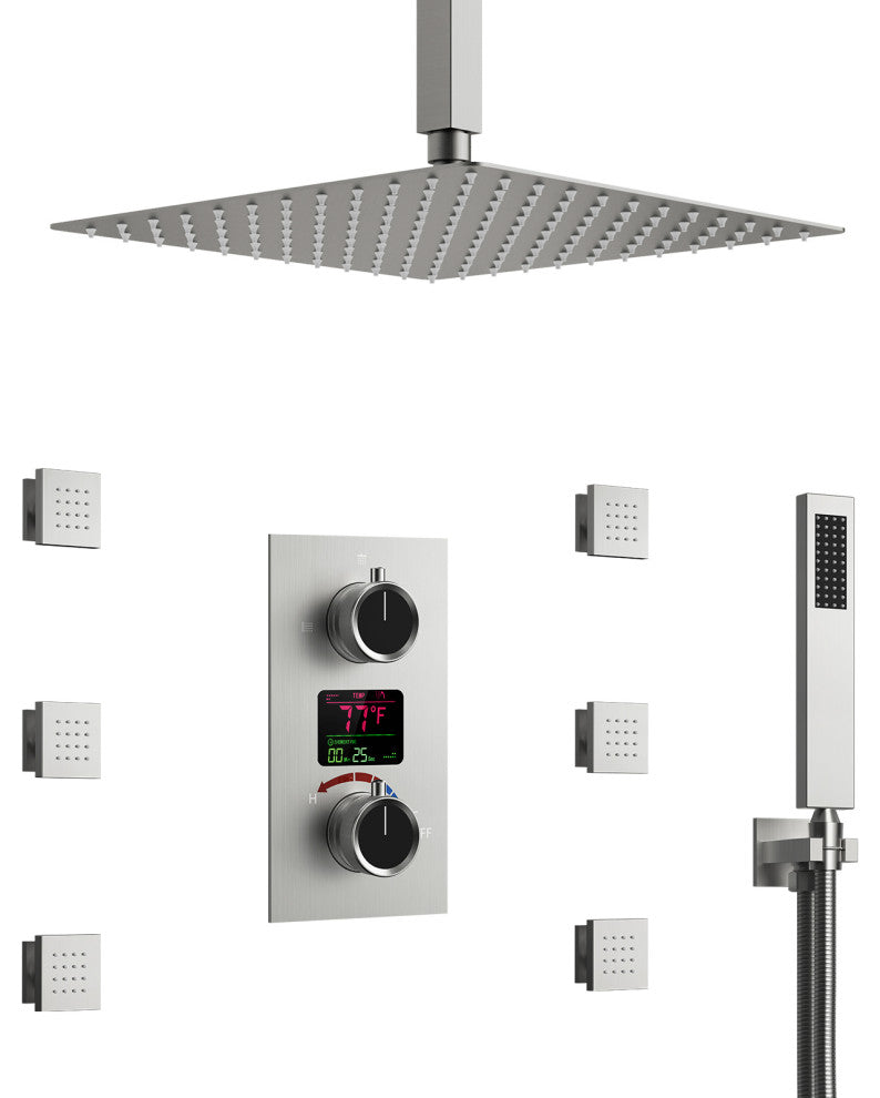Digital Shower System 12" Rainfall Shower Head With 6 Body Jets, Brushed Nickel