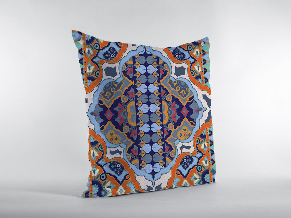 26" Orange Blue Boho Indoor Outdoor Throw Pillow