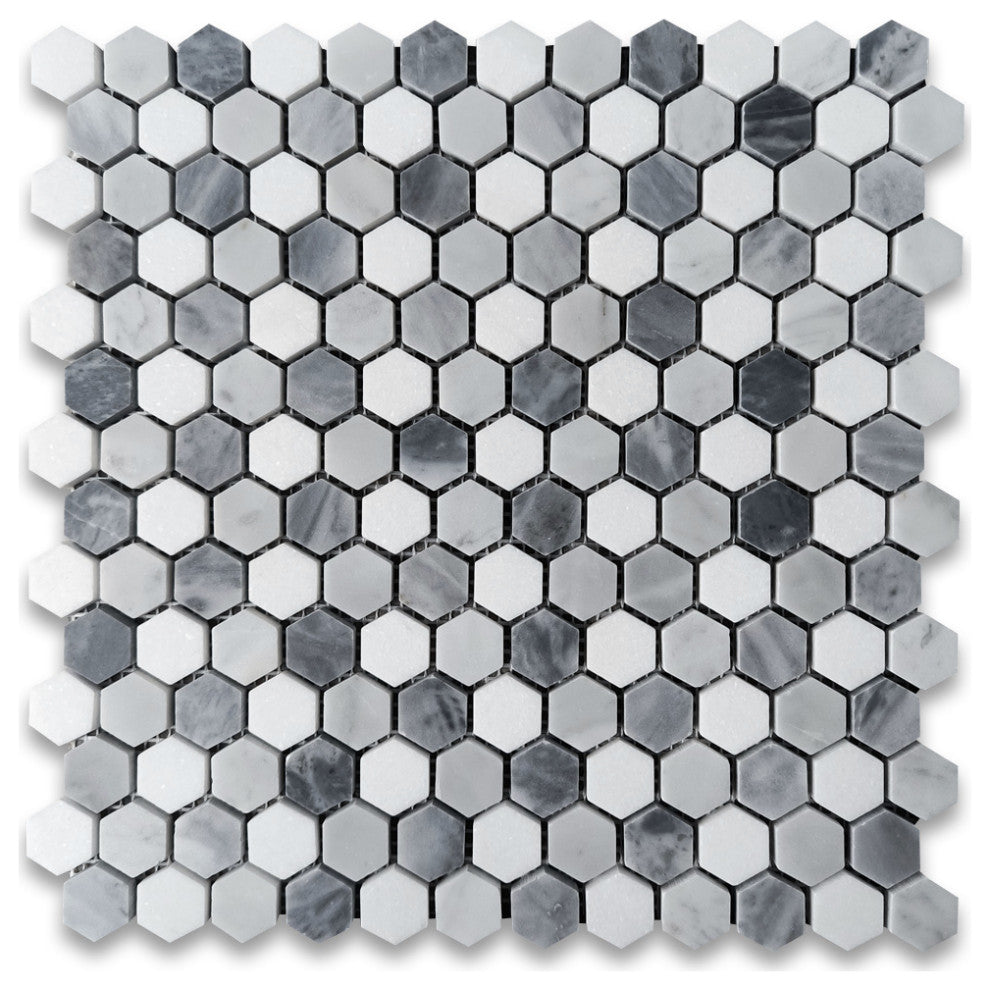 Carrara White Marble Monochrome Hexagon Mosaic Tile Gray White Honed, 1 sheet