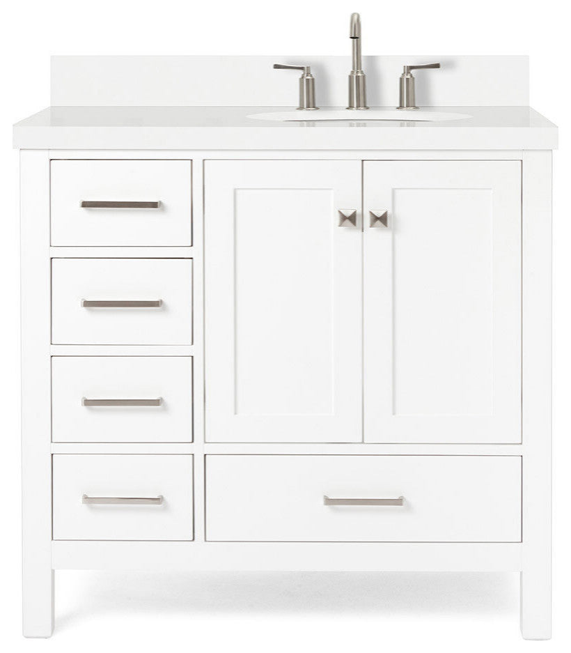 ARIEL Cambridge 37" Right Offset Oval Sink Bathroom Vanity White With Quartz Top