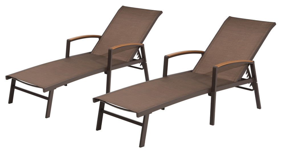 Adjustable Aluminum Outdoor Chaise Lounge Chair with Polywood Arm Lay Flat, Brow