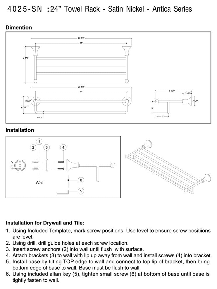 MODONA's 24" Towel Rack Antica Series -, Satin Nickel