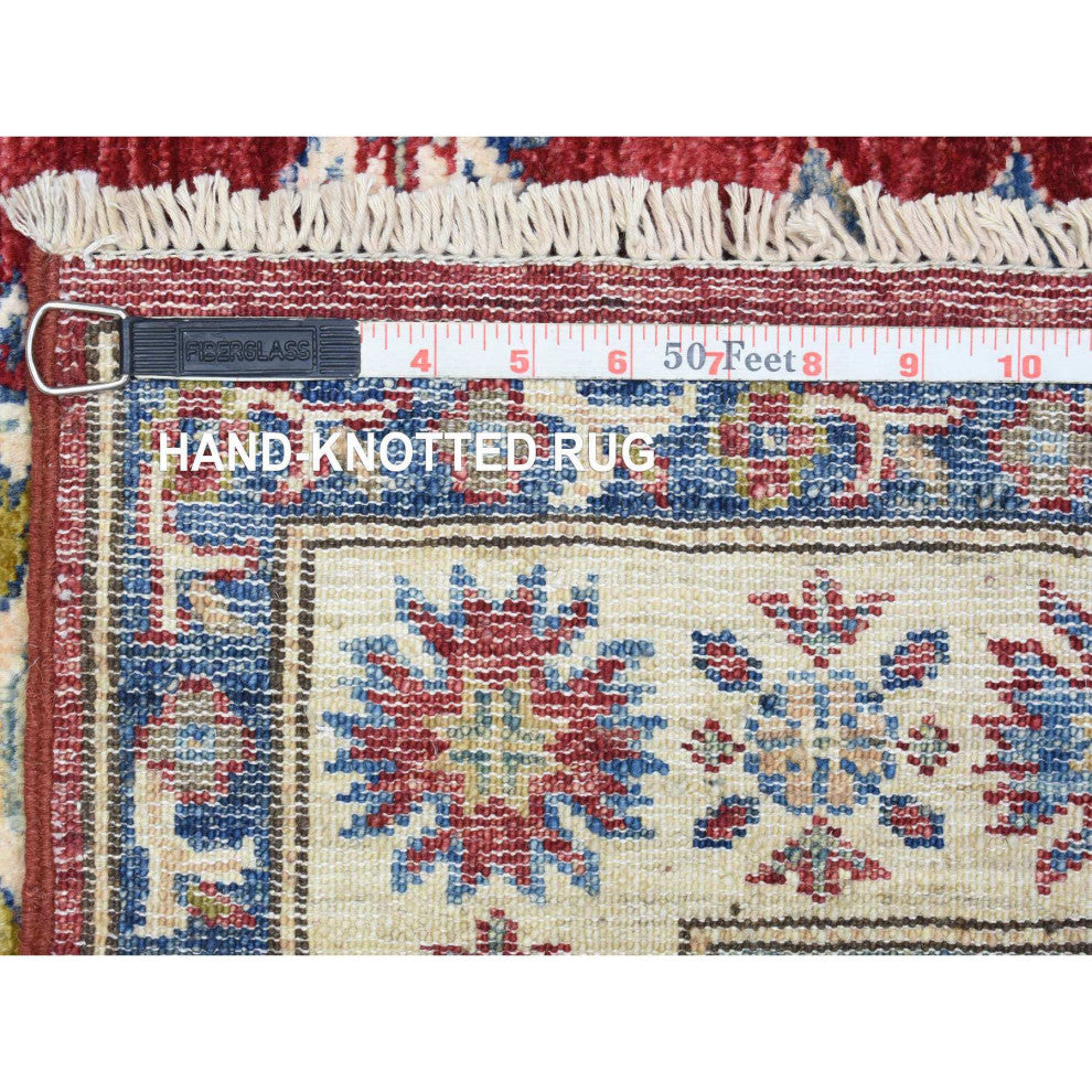 Red Hand Knotted Wool, Super Kazak Geometric Medallion, Runner Rug, 3'0"x11'0"