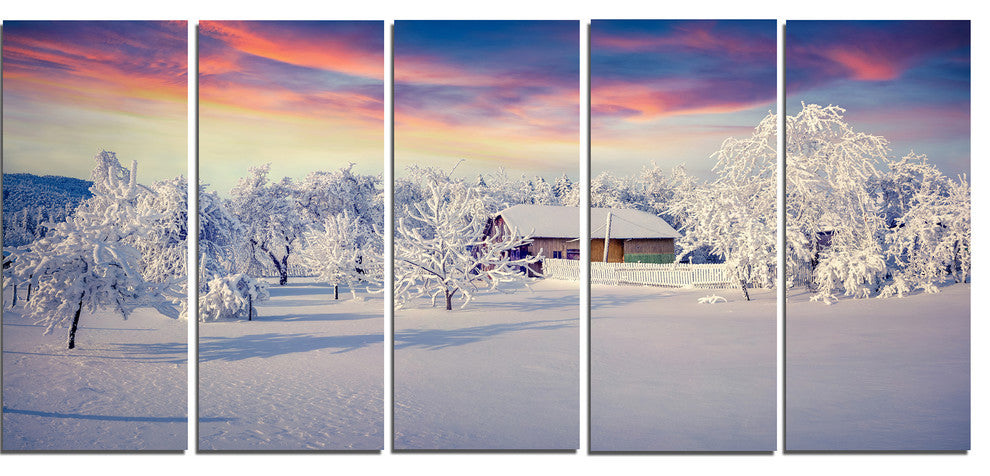 Snowfall Covering Trees and Houses, Landscape Canvas Print, 60"x28", 5 Panels