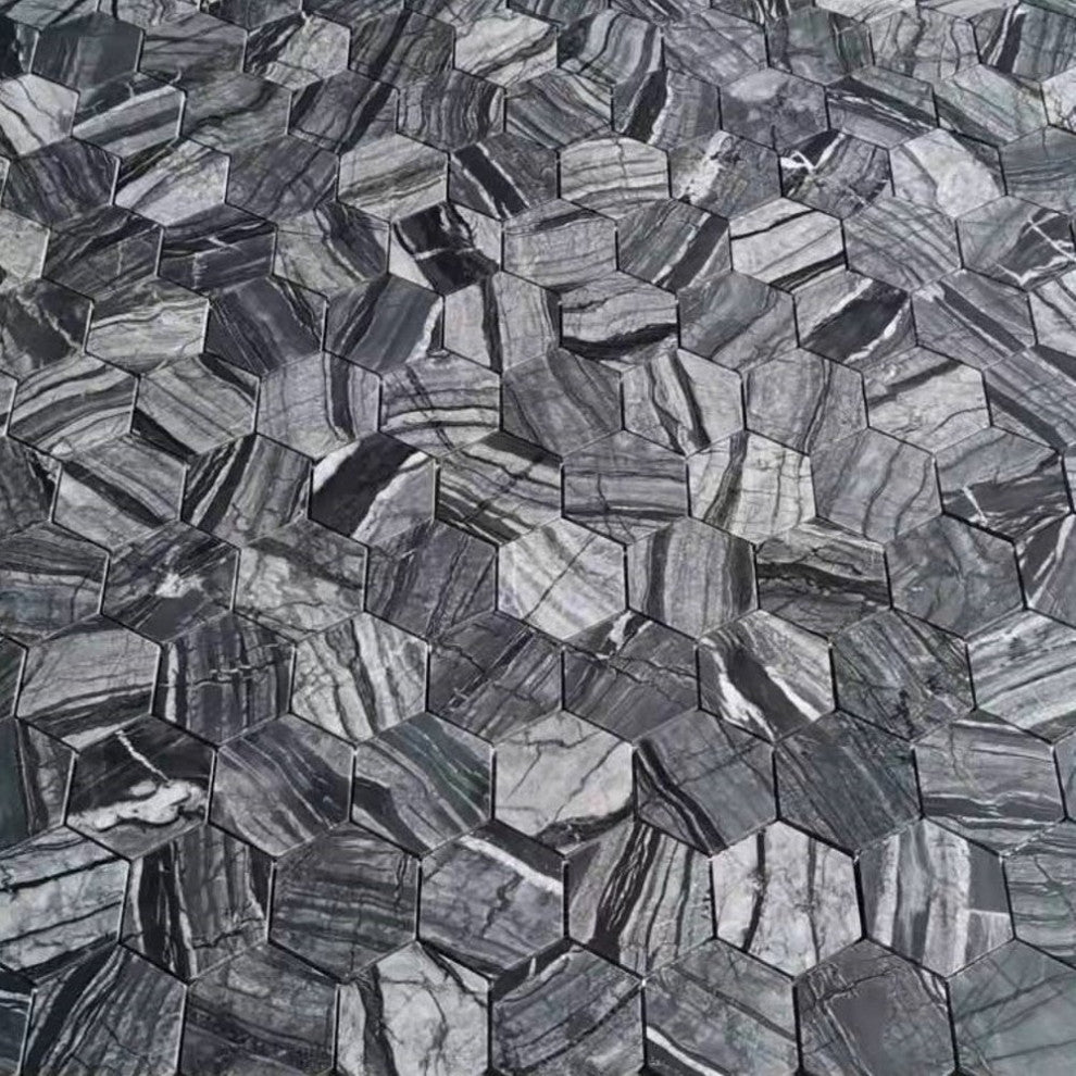 Silver Wave Black Forest Marble 3 Hexagon Wall Floor Mosaic Tile Honed, 1 sheet