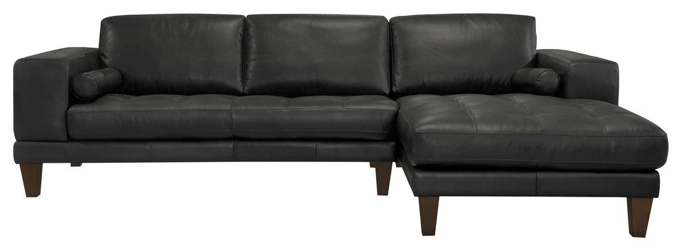 Wynne Contemporary Sectional, Genuine Black Leather With Brown Wood Legs