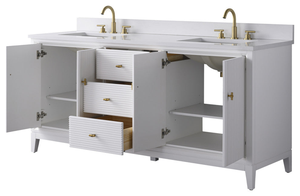 Vanity Art Bathroom Vanity with Engineered Marble Top and Sink, White, 72" (Double Sink), Golden Brushed