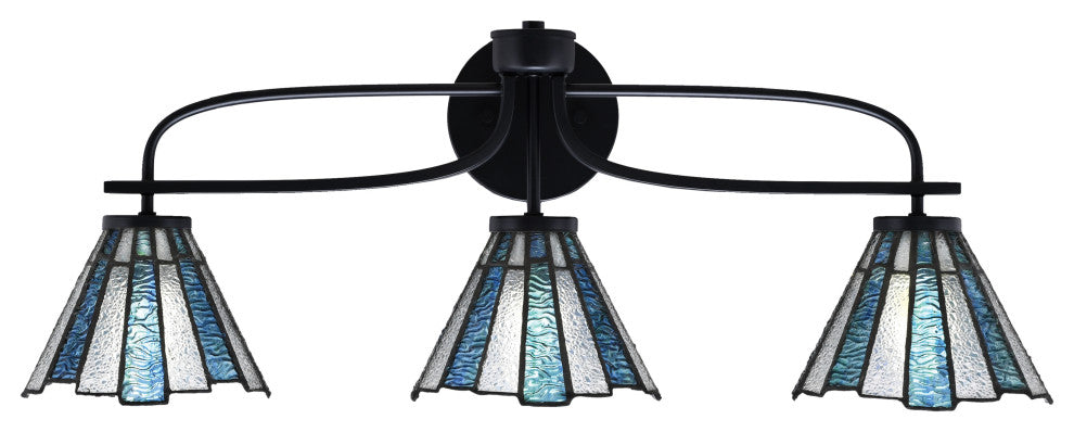 Cavella 3 Light Bath Bar, Matte Black Finish, 7" Sea Ice Art Glass