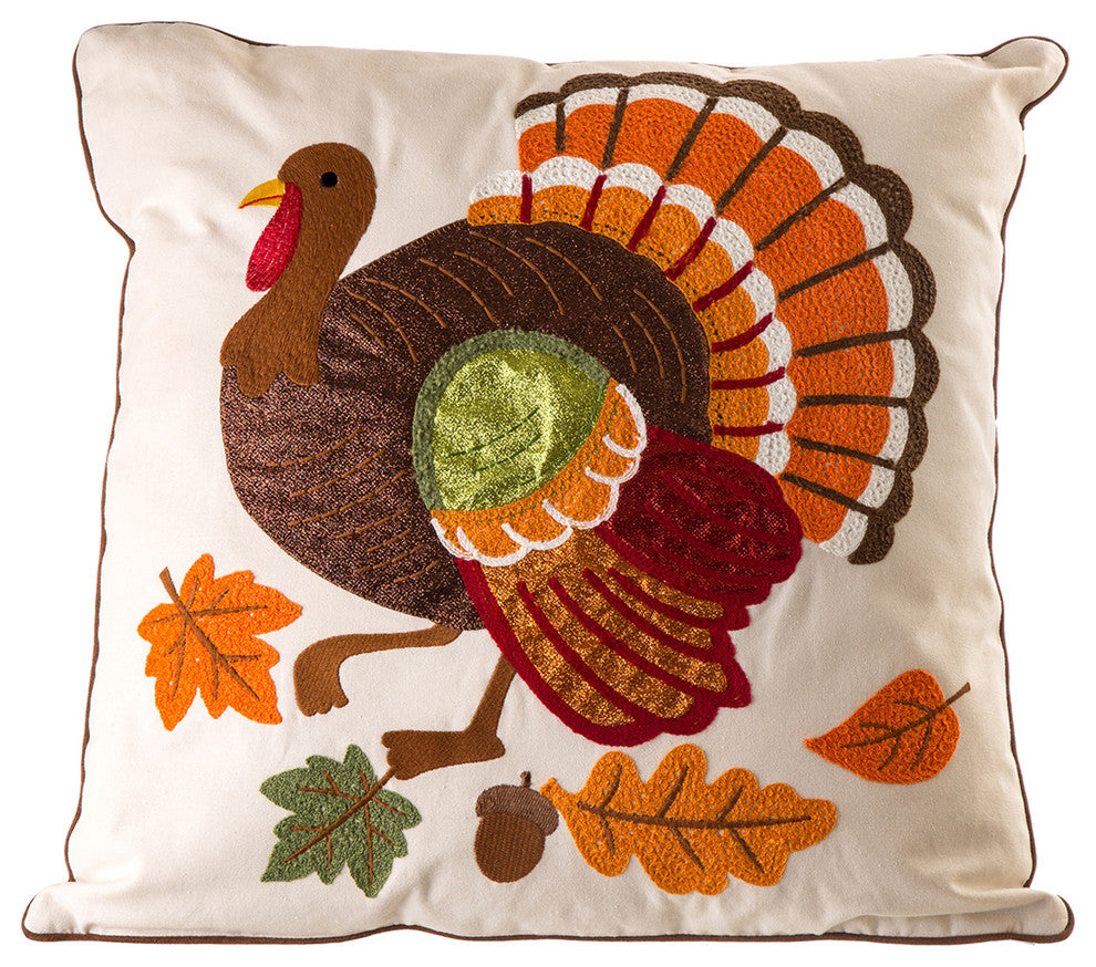 18" x 18" Cotton Embroidered Turkey Pillow Cover